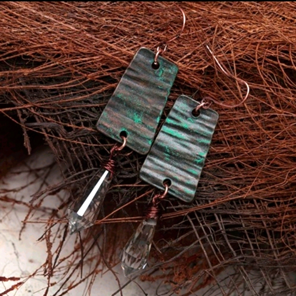✨Water Drop Crystal Earrings Green Patina Copper